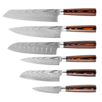 8 Inch Kitchen Knife Imitation Damascus Big Wavy Color Wood Handle 7Cr17 Stainless Steel Knife