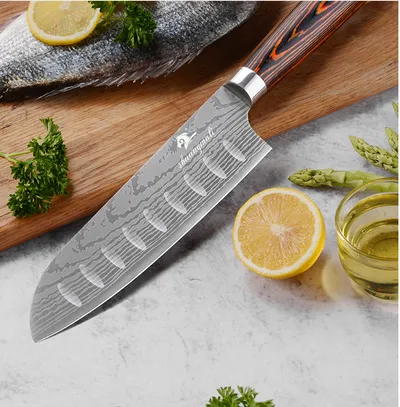 8 Inch Kitchen Knife Imitation Damascus Big Wavy Color Wood Handle 7Cr17 Stainless Steel Knife