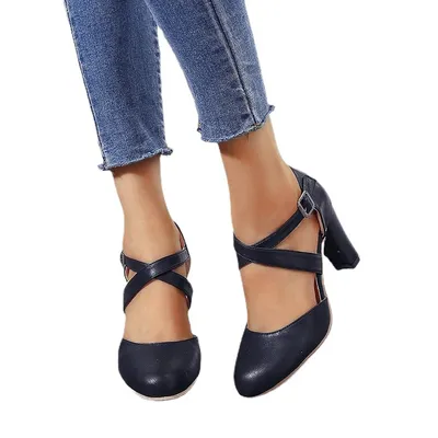 Baotou High-Heel Pu Rubber Chunky Heel Sandals With One-Line Buckle