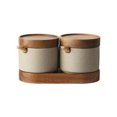 Kitchen Seasoning Pot Ceramic Three Piece Suit Simple Salt Pot Acacia Wood Tray With Cover