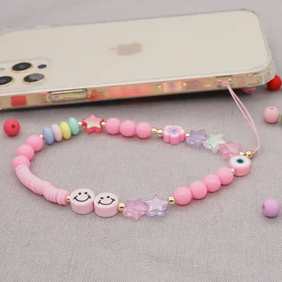 Smiley Soft Ceramic Mobile Phone Rope Hanging Jewelry Five-pointed Star Beaded Mobile Phone Chain Female