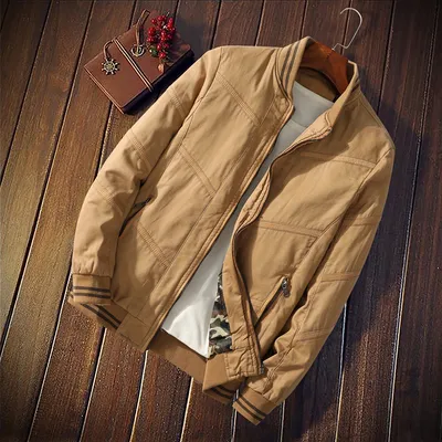 Men's Solid Color Cotton Jacket Striped Fall Winter Stand Collar Jacket