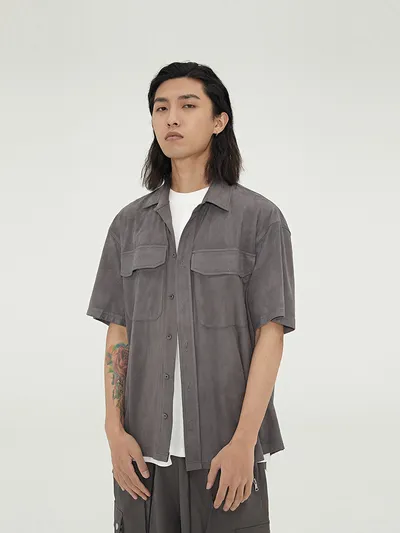 BONELESS Qin Xiaoxian The same thin suede basic patch pocket short-sleeved shirt Tide brand simple loose shirt