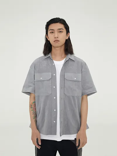 BONELESS Qin Xiaoxian The same thin suede basic patch pocket short-sleeved shirt Tide brand simple loose shirt