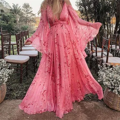 Sling Deep V Neck Print Sexy Bat Sleeve Pleated