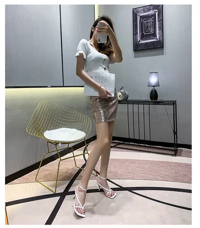 Square Toe High Heels Women's Flip-toe Leather High Heel Sandals