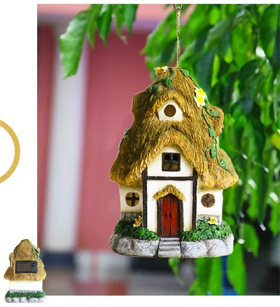 Garden Decoration Solar Light-emitting Sculpture Balcony Courtyard Decor Handmade Crafts Hangable Cartoon Small House Sculpture