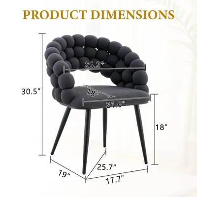 Set Of 2 Gray Puffy Bubble Chair Ball Chain Chair Velvet Dining Chairs With Black Legs, Modern Accent Chairs For Dining Room & Kitchen