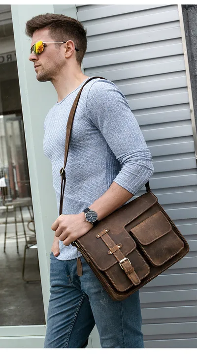 Retro Crazy Horse Leather Men's Crossbody Shoulder Crossbody Bag