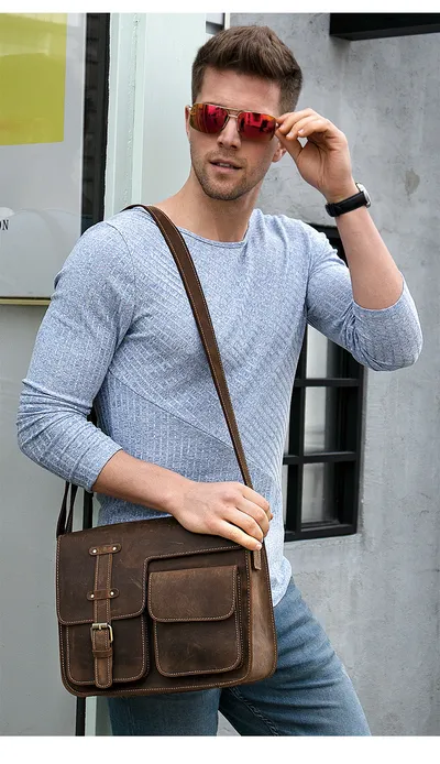 Retro Crazy Horse Leather Men's Crossbody Shoulder Crossbody Bag