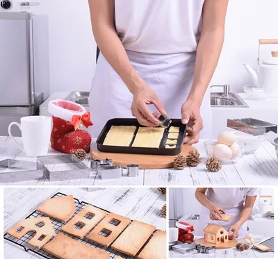 8 18-piece Set Gingerbread House Stainless Steel Christmas Scenario Cookie Cutters Set Biscuit Mold Fondant Cutter Baking Tools
