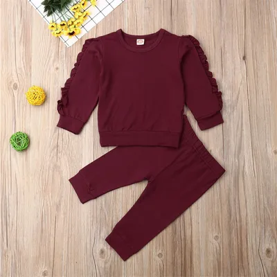 Newborn Baby Boys Girls Ruffles Jumper Solid Long Sleeve Sweatshirt Tops Pants Infant Kids 2Pcs Outfits Clothes Set Fall Clothes