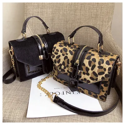 Korean Style Leopard Print Shoulder Bag Crossbody Bags For Women With Zipper Decoration Ladies Chain Handbags