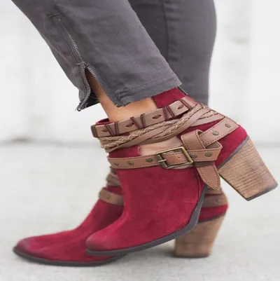 High-heeled Martin boots rivet belt buckle thick with round head boots