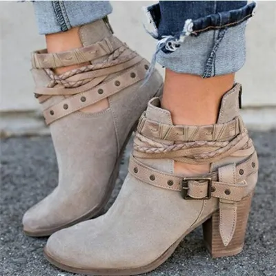 High-heeled Martin boots rivet belt buckle thick with round head boots
