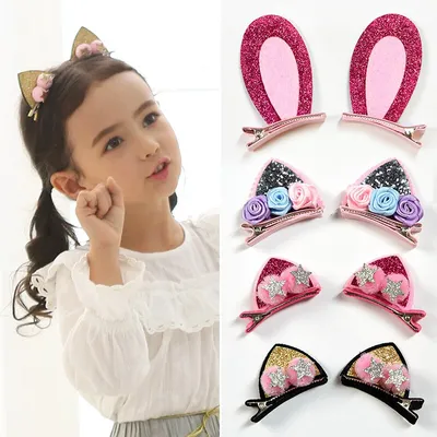 2pcs Set Cute Clips For Girls Glitter Rainbow Felt Fabric Flowers Hairpins Cat Ears Bunny Barrettes Kids Hair Accessories