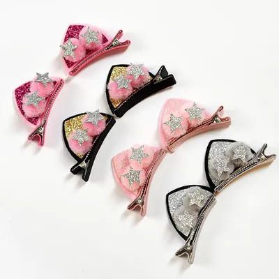 2pcs Set Cute Clips For Girls Glitter Rainbow Felt Fabric Flowers Hairpins Cat Ears Bunny Barrettes Kids Hair Accessories