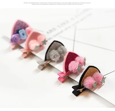 2pcs Set Cute Clips For Girls Glitter Rainbow Felt Fabric Flowers Hairpins Cat Ears Bunny Barrettes Kids Hair Accessories