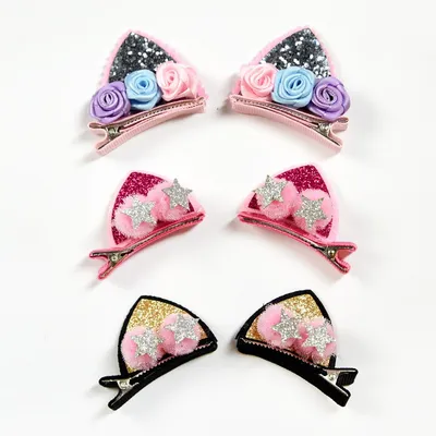 2pcs Set Cute Clips For Girls Glitter Rainbow Felt Fabric Flowers Hairpins Cat Ears Bunny Barrettes Kids Hair Accessories