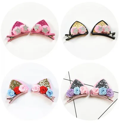 2pcs Set Cute Clips For Girls Glitter Rainbow Felt Fabric Flowers Hairpins Cat Ears Bunny Barrettes Kids Hair Accessories