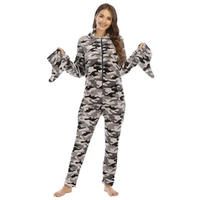 Ladies Flannel Camouflage Animal Print One-piece With Foot Cover