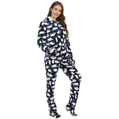 Ladies Flannel Camouflage Animal Print One-piece With Foot Cover