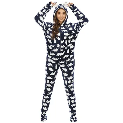 Ladies Flannel Camouflage Animal Print One-piece With Foot Cover