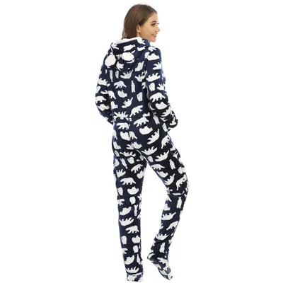 Ladies Flannel Camouflage Animal Print One-piece With Foot Cover