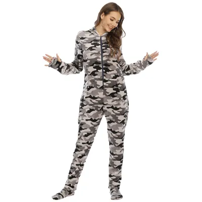 Ladies Flannel Camouflage Animal Print One-piece With Foot Cover