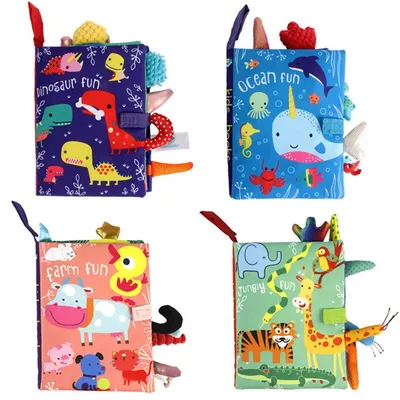 Soft Book Nontoxic Fabric Baby Ratteles Toys Early Education Toys Activity Crinkle Cloth Book Animals Tail for Toddler Infants