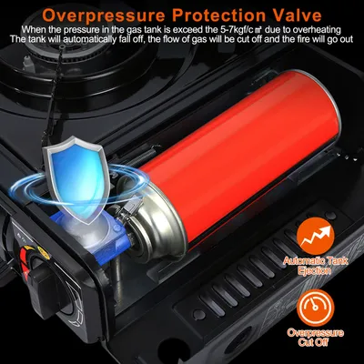 1Pc 3300W Portable Camping Stove Butane Canister Dual Fuel Burner Piezo Electric Ignition Single Burner With Automatic Tank Ejection Overpressure Cut Off Carry Case For Camping Hiking Picnic Fishing B