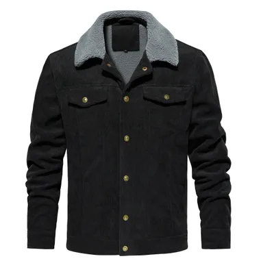 Men's Corduroy Jacket Winter Sherpa Lined Warm Thick Trucker Cargo Coat With 5 Pockets