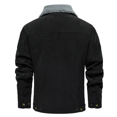 Men's Corduroy Jacket Winter Sherpa Lined Warm Thick Trucker Cargo Coat With 5 Pockets