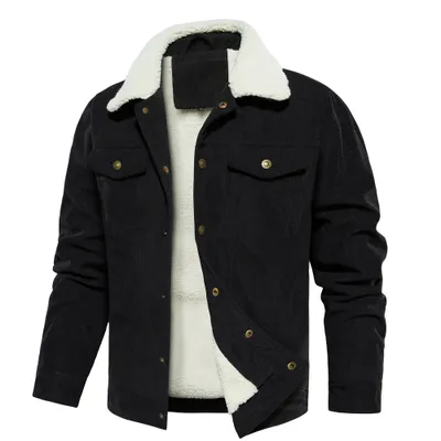 Men's Corduroy Jacket Winter Sherpa Lined Warm Thick Trucker Cargo Coat With 5 Pockets