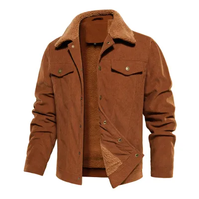 Men's Corduroy Jacket Winter Sherpa Lined Warm Thick Trucker Cargo Coat With 5 Pockets