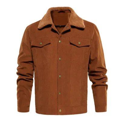 Men's Corduroy Jacket Winter Sherpa Lined Warm Thick Trucker Cargo Coat With 5 Pockets