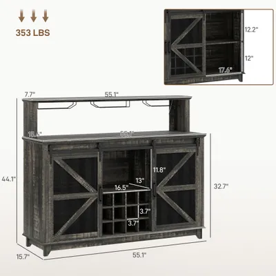 55" Coffee Bar Cabinet with Lights, Farmhouse Wine Cabinet with Wine and Glass Racks for Kitchen, Dining Room, Brown