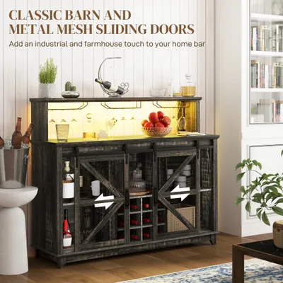 55" Coffee Bar Cabinet with Lights, Farmhouse Wine Cabinet with Wine and Glass Racks for Kitchen, Dining Room, Brown