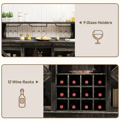 55" Coffee Bar Cabinet with Lights, Farmhouse Wine Cabinet with Wine and Glass Racks for Kitchen, Dining Room, Brown