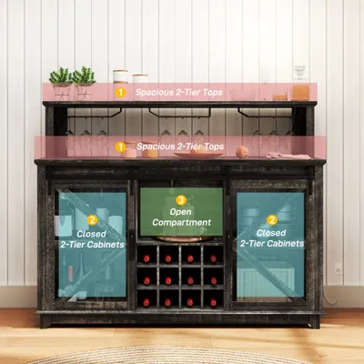 55" Coffee Bar Cabinet with Lights, Farmhouse Wine Cabinet with Wine and Glass Racks for Kitchen, Dining Room, Brown