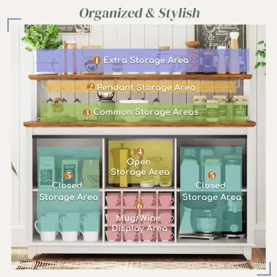 55" Coffee Bar Cabinet with Lights, Farmhouse Wine Cabinet with Wine and Glass Racks for Kitchen, Dining Room, White