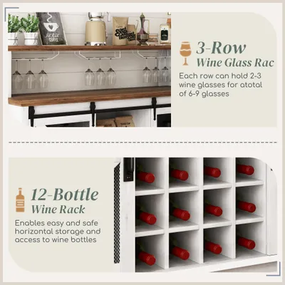 55" Coffee Bar Cabinet with Lights, Farmhouse Wine Cabinet with Wine and Glass Racks for Kitchen, Dining Room, White