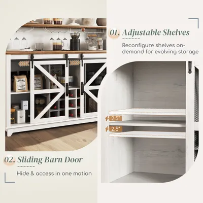 55" Coffee Bar Cabinet with Lights, Farmhouse Wine Cabinet with Wine and Glass Racks for Kitchen, Dining Room, White