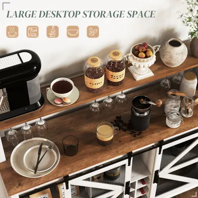 55" Coffee Bar Cabinet with Lights, Farmhouse Wine Cabinet with Wine and Glass Racks for Kitchen, Dining Room, White