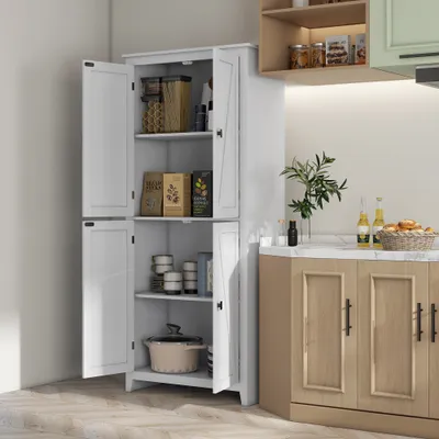 72" Freestanding Kitchen Pantry Cabinet, Farmhouse Tall Storage Cabinet with 4 Door Cabinets and Adjustable Shelves for Dining Room, White