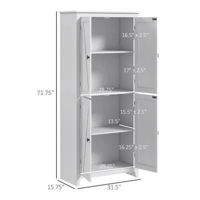 72" Freestanding Kitchen Pantry Cabinet, Farmhouse Tall Storage Cabinet with 4 Door Cabinets and Adjustable Shelves for Dining Room, White
