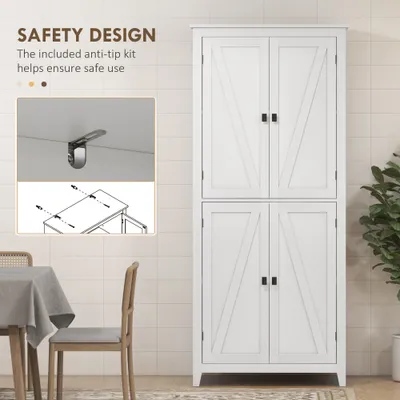 72" Freestanding Kitchen Pantry Cabinet, Farmhouse Tall Storage Cabinet with 4 Door Cabinets and Adjustable Shelves for Dining Room, White