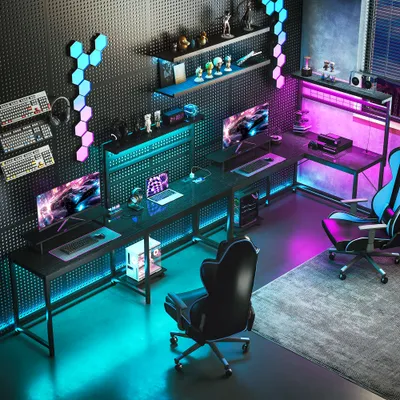 61.6" L Shaped Gaming Desk with Power Outlets & LED Lights, Computer Desk with Monitor Stand and CPU Shelf, Black