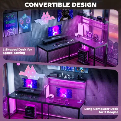 61.6" L Shaped Gaming Desk with Power Outlets & LED Lights, Computer Desk with Monitor Stand and CPU Shelf, Black