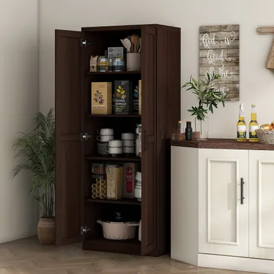 63" 2-Door Kitchen Pantry, Freestanding Cabinet with 2 Adjustable Shelves for Dining Room, Cinnamon Cherry Wood Grain